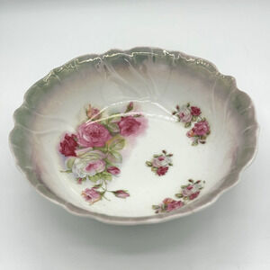 Vtg German Lusterware‎ Porcelain Serving Bowl Floral Cabbage Rose Grannycore 9"